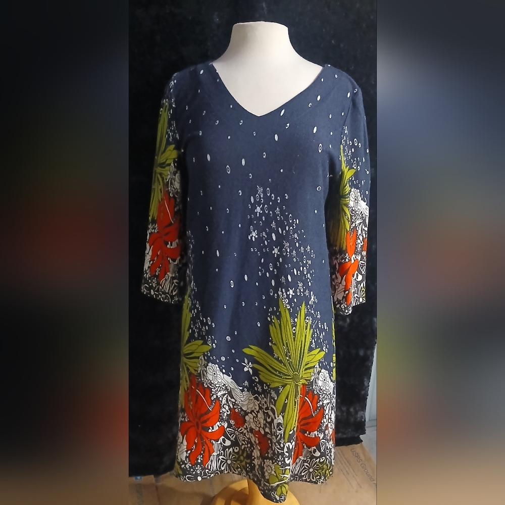 Floral Print Women's A Line Navy Midi Dress Sz Med Large